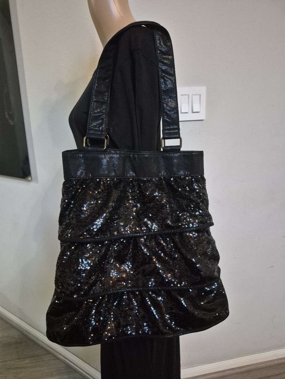 Poppie Jones Black Sequin Tote Bag - Womens Shoulder Bag